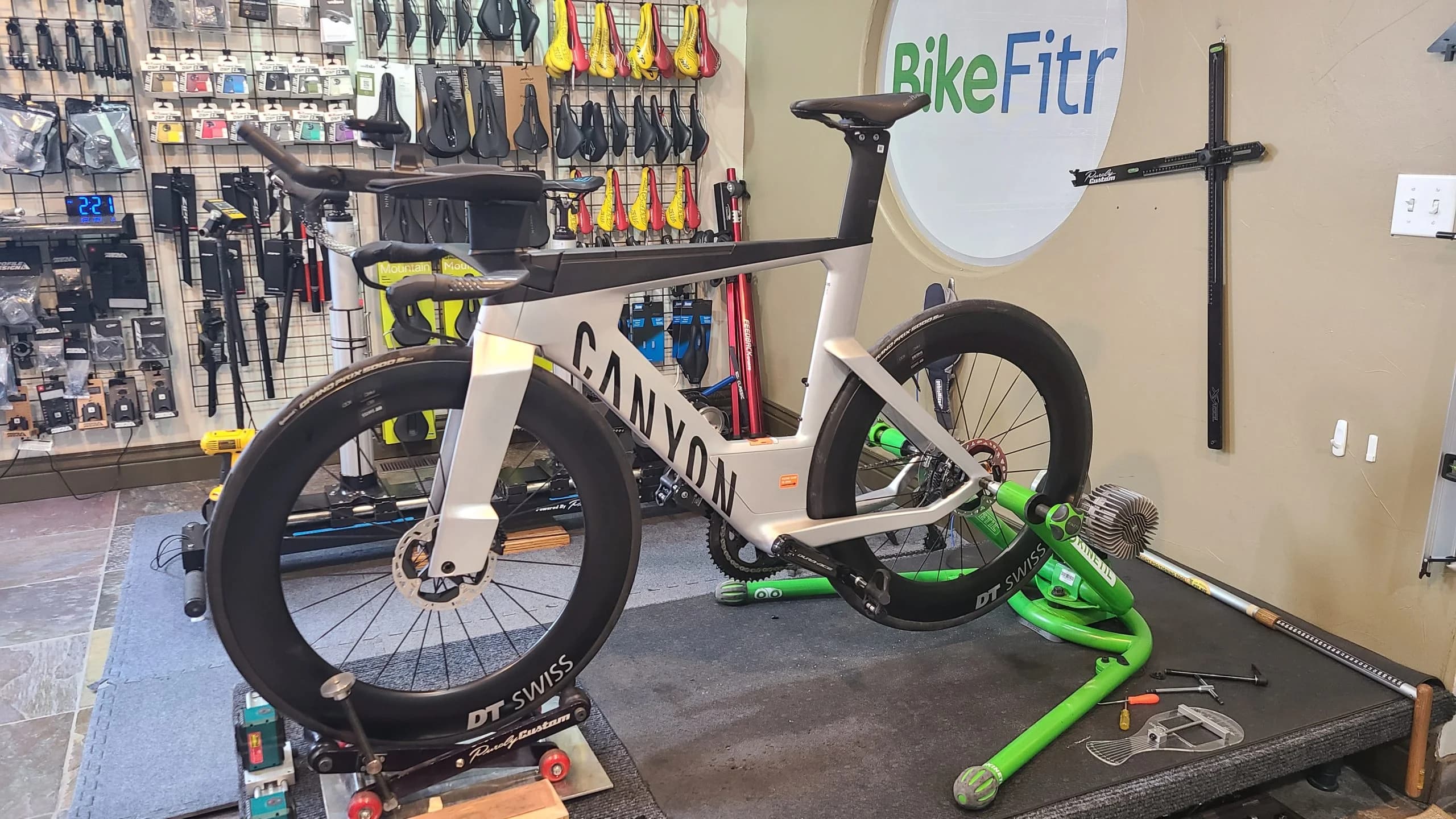 A Canyon triathlon bike on a fitting platform at the BikeFitr studio
